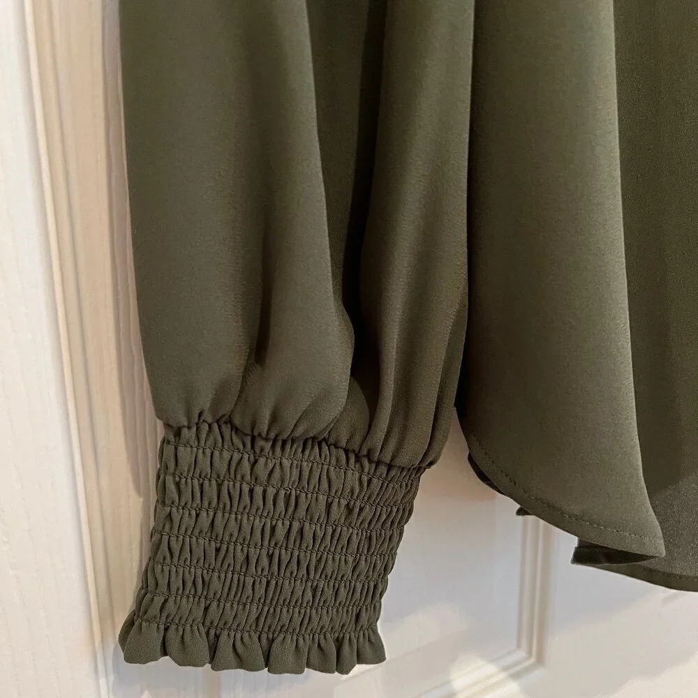 LOFT Ruffle-Neck Blouse in Olive Green with Tie Back and Smoked Sleeve Size S - Picture 11 of 16